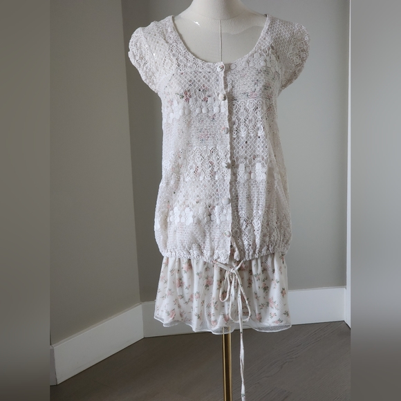 Floral Tank Dress with crochet knit short sleeve button up top - Picture 1 of 4